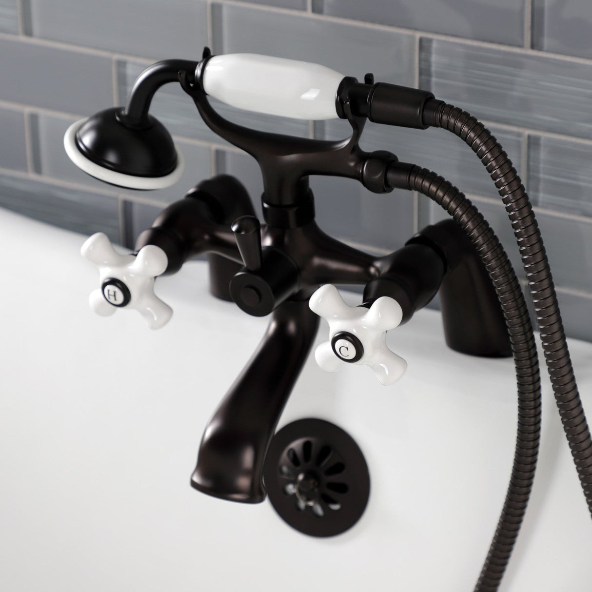 Kingston KS267PXORB Three-Handle 2-Hole Deck Mount Clawfoot Tub Faucet with Hand Shower, Oil Rubbed Bronze