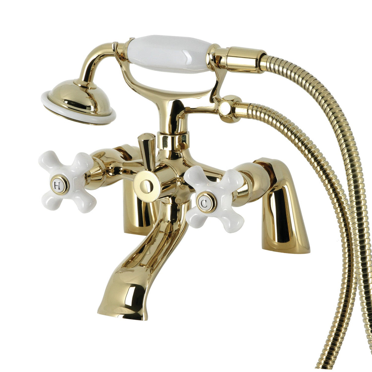 Kingston KS267PXPB Three-Handle 2-Hole Deck Mount Clawfoot Tub Faucet with Hand Shower, Polished Brass