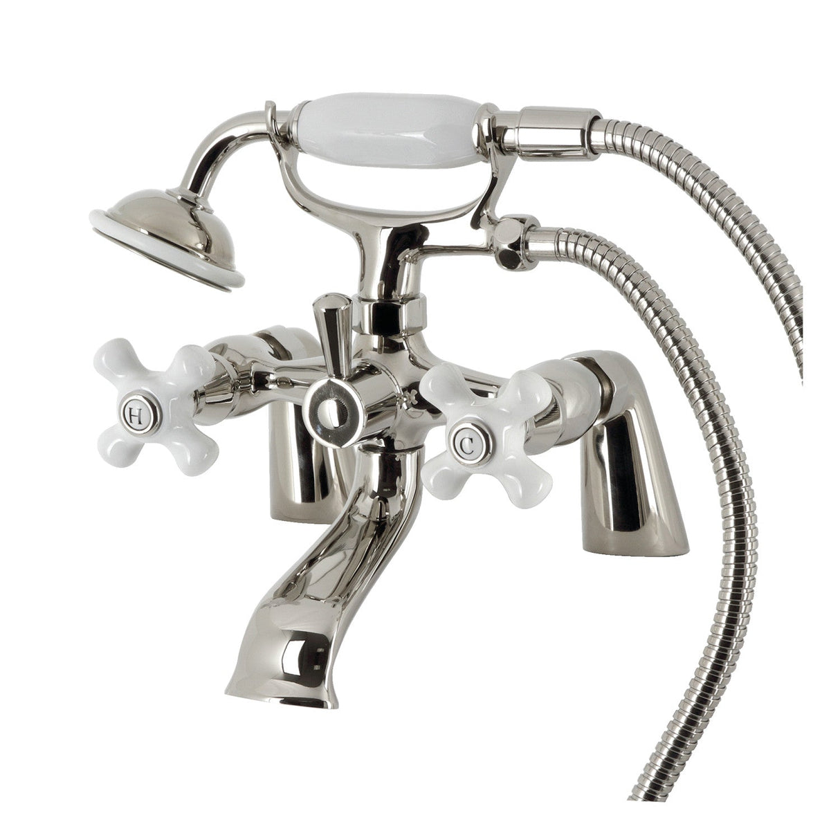 Kingston KS267PXPN Three-Handle 2-Hole Deck Mount Clawfoot Tub Faucet with Hand Shower, Polished Nickel