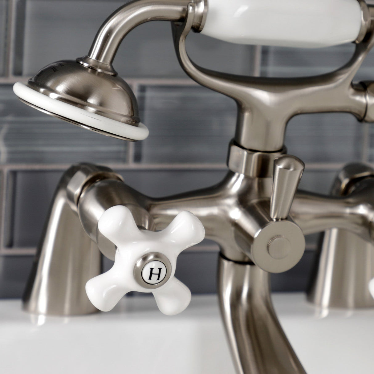 Kingston KS267PXSN Three-Handle 2-Hole Deck Mount Clawfoot Tub Faucet with Hand Shower, Brushed Nickel