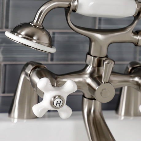 Kingston KS267PXSN Three-Handle 2-Hole Deck Mount Clawfoot Tub Faucet with Hand Shower, Brushed Nickel