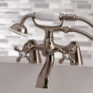 Kingston KS267SN Three-Handle 2-Hole Deck Mount Clawfoot Tub Faucet with Hand Shower, Brushed Nickel