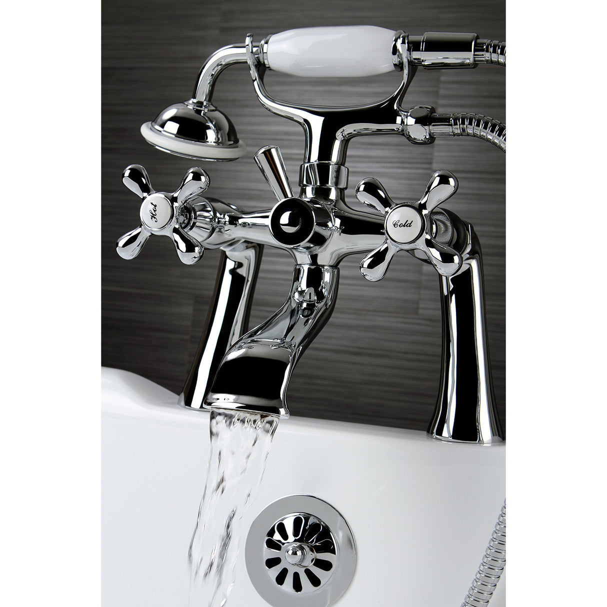 Kingston KS268C Three-Handle 2-Hole Deck Mount Clawfoot Tub Faucet with Hand Shower, Polished Chrome