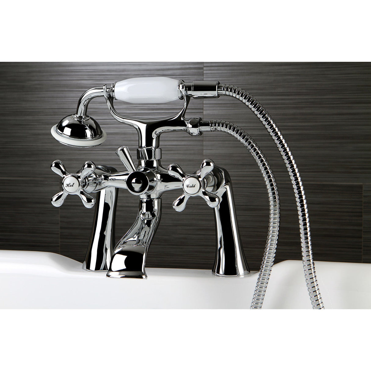 Kingston KS268C Three-Handle 2-Hole Deck Mount Clawfoot Tub Faucet with Hand Shower, Polished Chrome