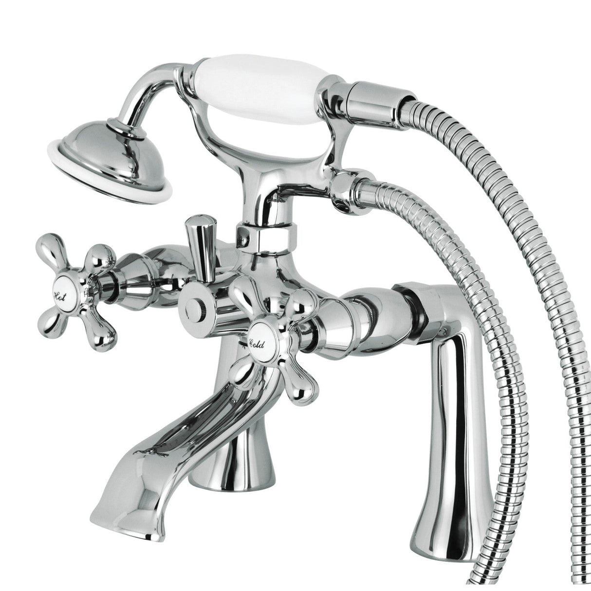 Kingston KS268C Three-Handle 2-Hole Deck Mount Clawfoot Tub Faucet with Hand Shower, Polished Chrome