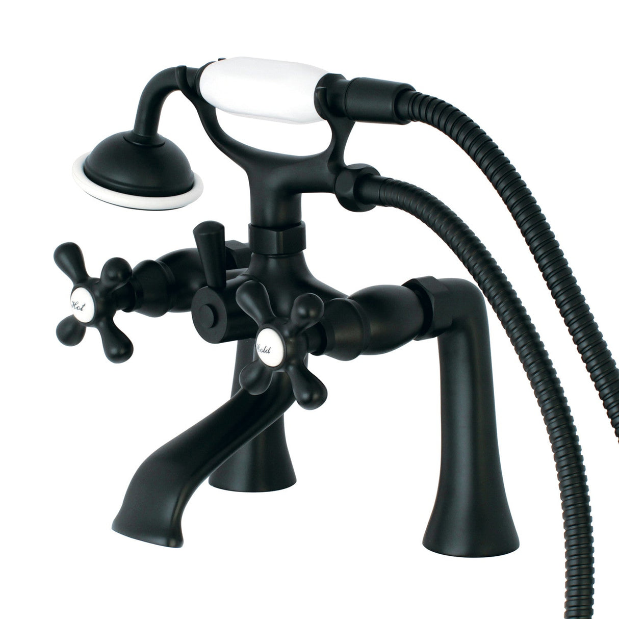 Kingston KS268MB Three-Handle 2-Hole Deck Mount Clawfoot Tub Faucet with Hand Shower, Matte Black