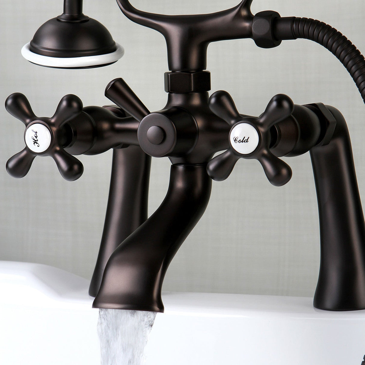 Kingston KS268ORB Three-Handle 2-Hole Deck Mount Clawfoot Tub Faucet with Hand Shower, Oil Rubbed Bronze