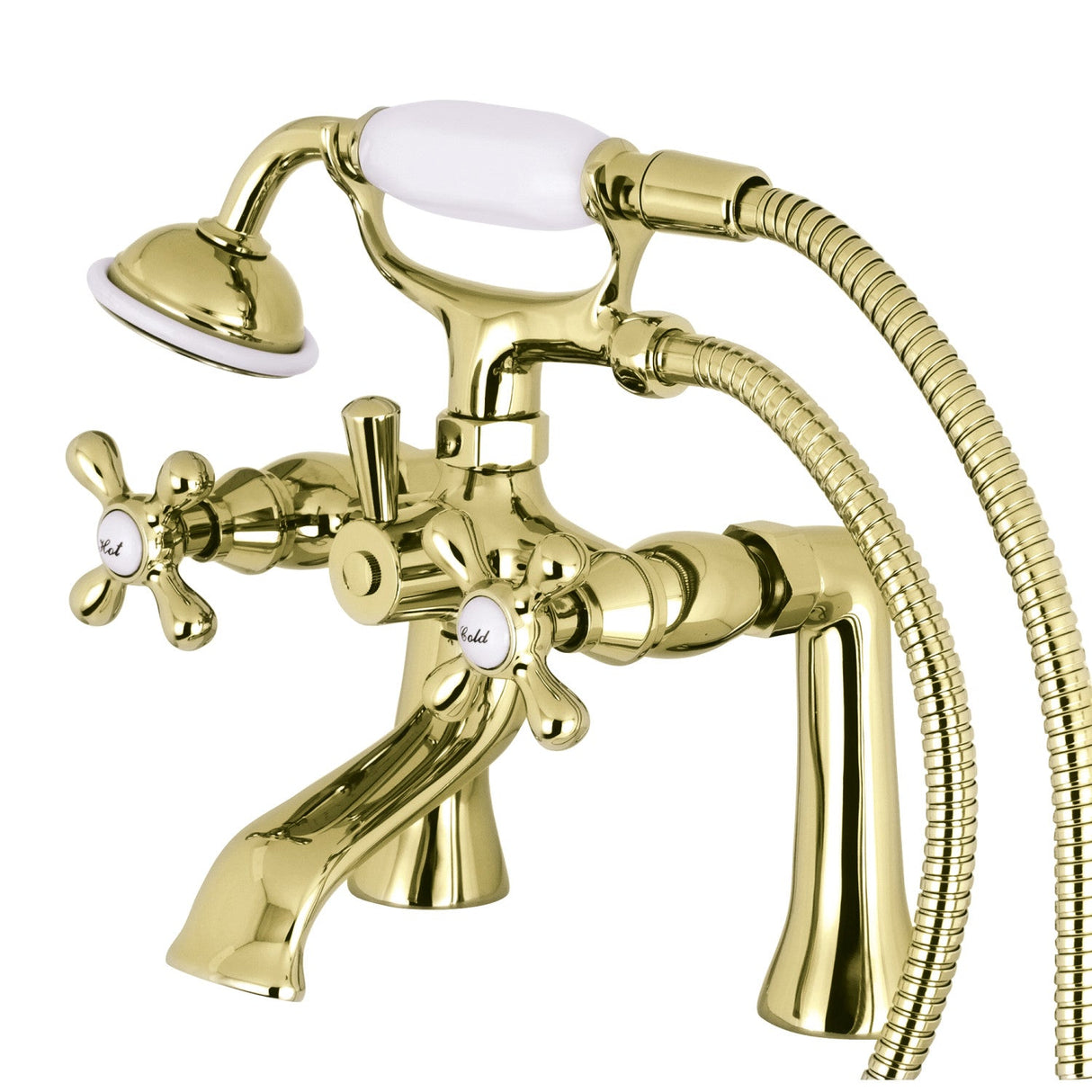 Kingston KS268PB Three-Handle 2-Hole Deck Mount Clawfoot Tub Faucet with Hand Shower, Polished Brass