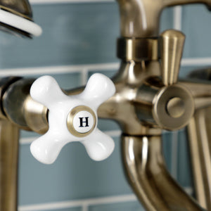 Kingston KS268PXAB Three-Handle 2-Hole Deck Mount Clawfoot Tub Faucet with Hand Shower, Antique Brass
