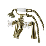 Kingston KS268PXAB Three-Handle 2-Hole Deck Mount Clawfoot Tub Faucet with Hand Shower, Antique Brass