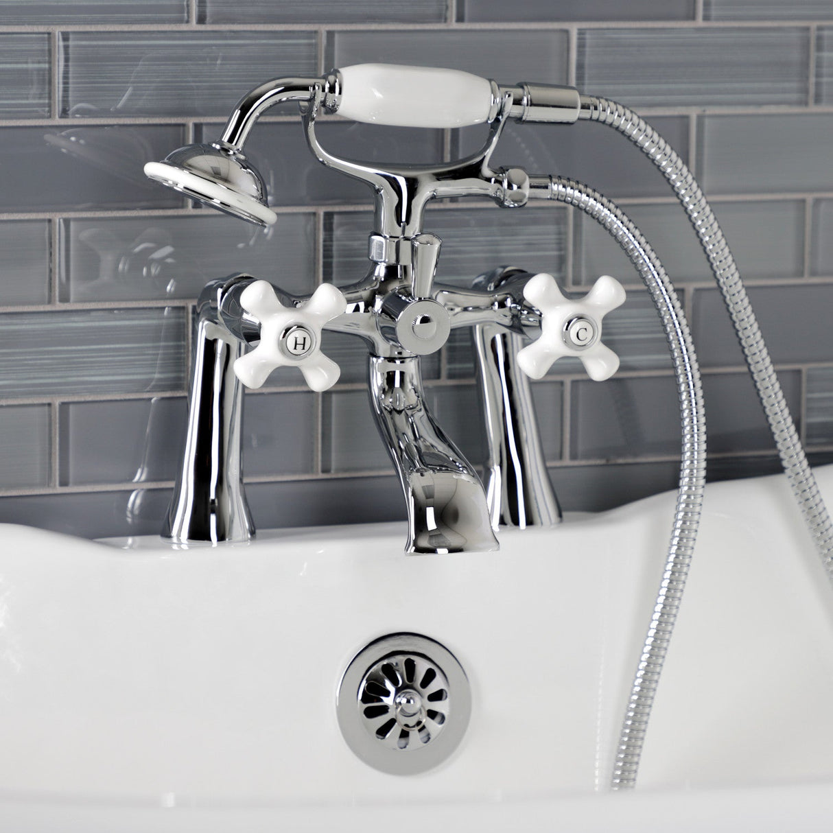 Kingston KS268PXC Three-Handle 2-Hole Deck Mount Clawfoot Tub Faucet with Hand Shower, Polished Chrome