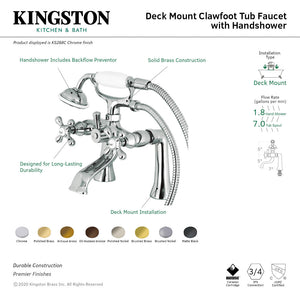 Kingston KS268SB Three-Handle 2-Hole Deck Mount Clawfoot Tub Faucet with Hand Shower, Brushed Brass