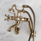 Kingston KS269AB Three-Handle 2-Hole Tub Wall Mount Clawfoot Tub Faucet with Hand Shower, Antique Brass