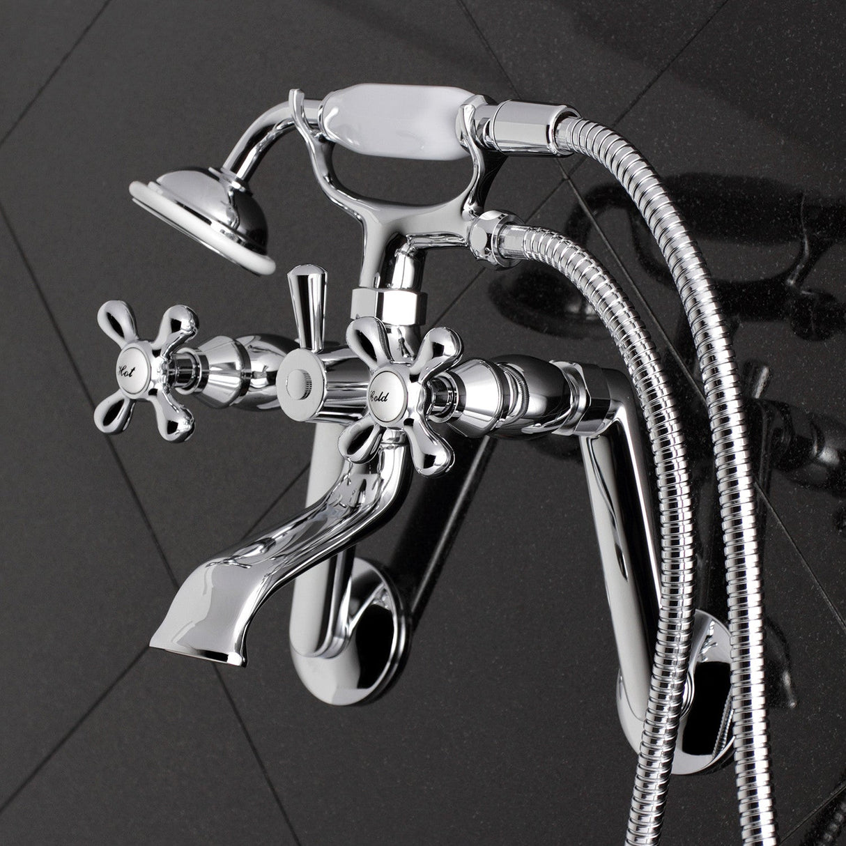 Kingston KS269C Three-Handle 2-Hole Tub Wall Mount Clawfoot Tub Faucet with Hand Shower, Polished Chrome