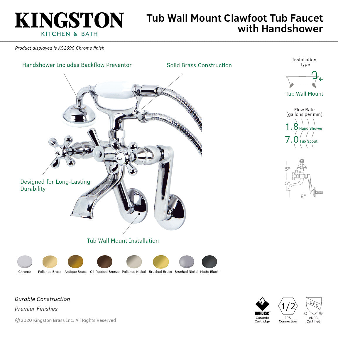 Kingston KS269ORB Three-Handle 2-Hole Tub Wall Mount Clawfoot Tub Faucet with Hand Shower, Oil Rubbed Bronze