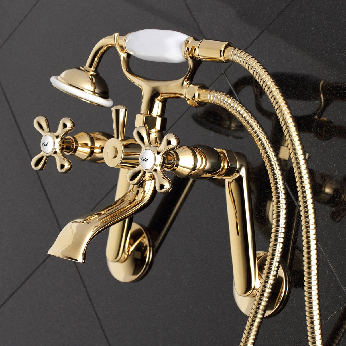 Kingston KS269PB Three-Handle 2-Hole Tub Wall Mount Clawfoot Tub Faucet with Hand Shower, Polished Brass