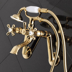Kingston KS269PB Three-Handle 2-Hole Tub Wall Mount Clawfoot Tub Faucet with Hand Shower, Polished Brass