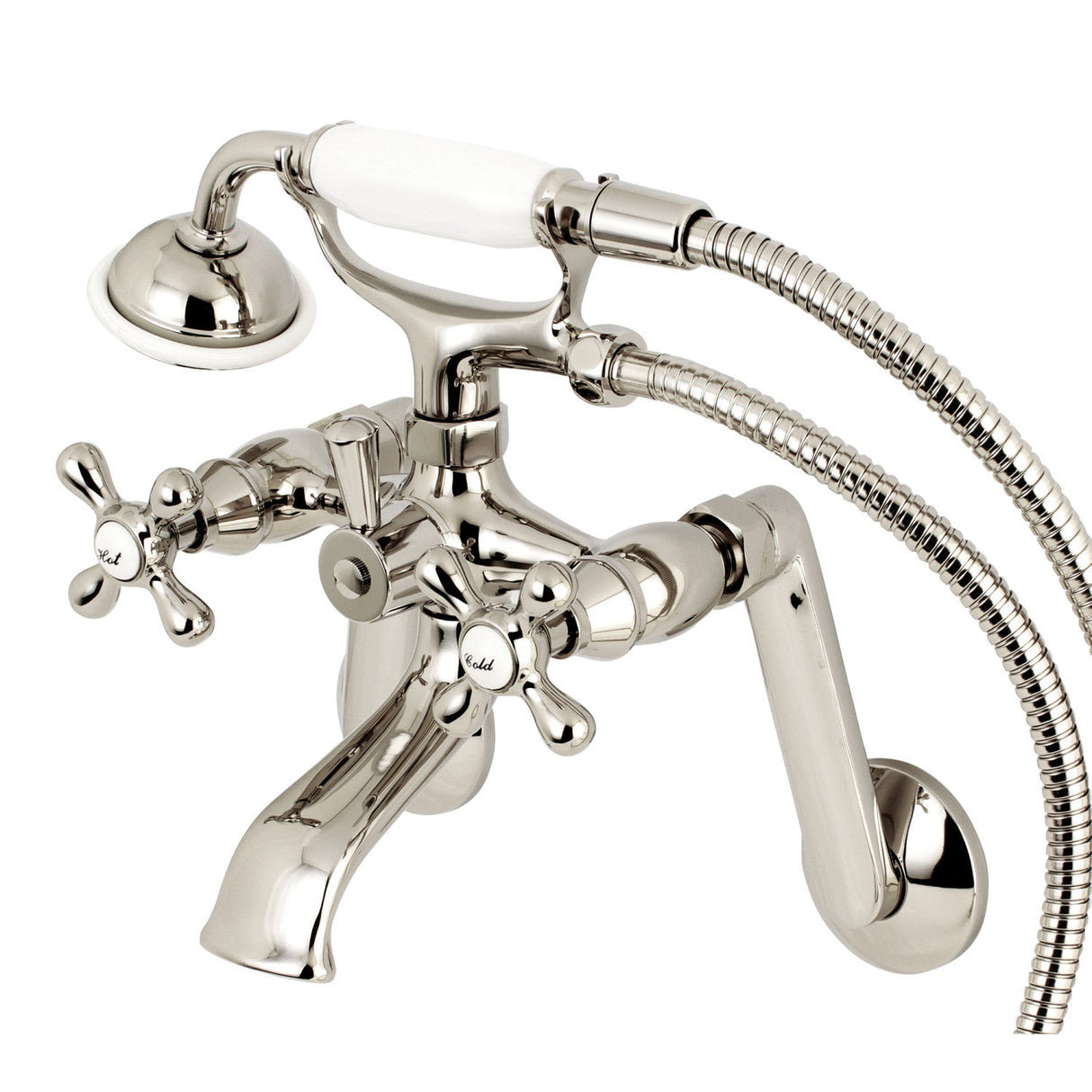 Kingston KS269PN Three-Handle 2-Hole Tub Wall Mount Clawfoot Tub Faucet with Hand Shower, Polished Nickel