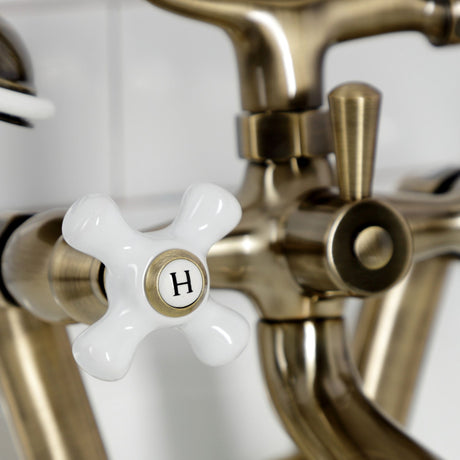 Kingston KS269PXAB Three-Handle 2-Hole Tub Wall Mount Clawfoot Tub Faucet with Hand Shower, Antique Brass
