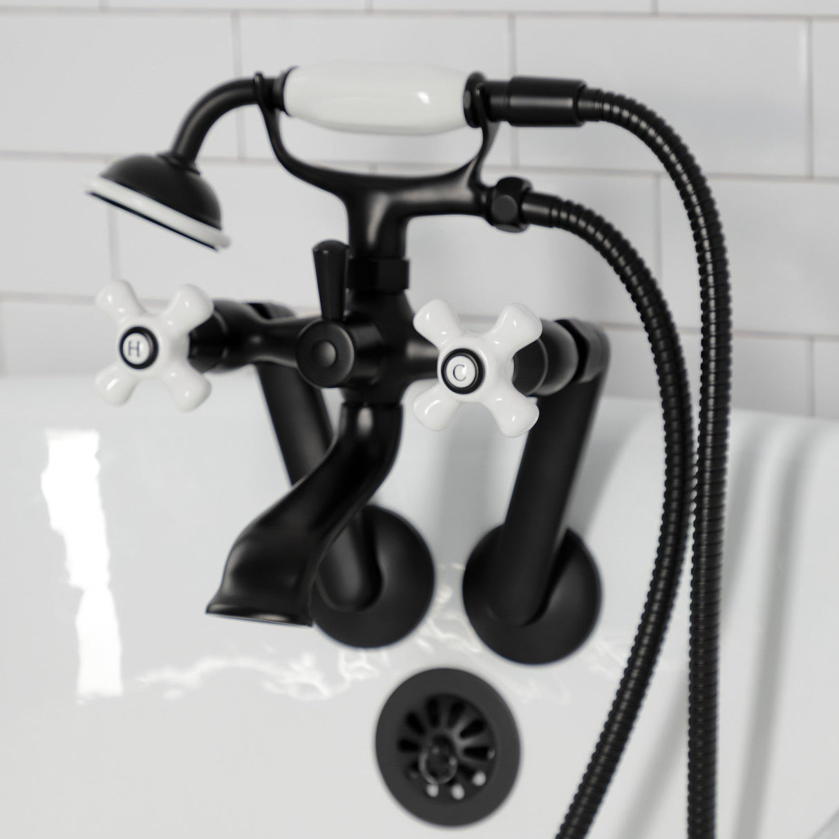 Kingston KS269PXMB Three-Handle 2-Hole Tub Wall Mount Clawfoot Tub Faucet with Hand Shower, Matte Black