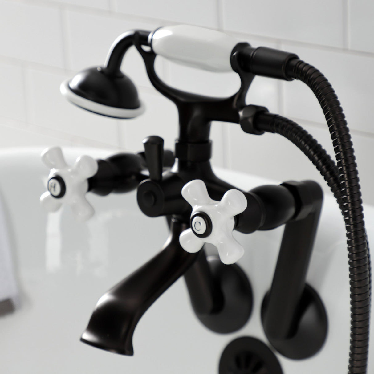 Kingston KS269PXORB Three-Handle 2-Hole Tub Wall Mount Clawfoot Tub Faucet with Hand Shower, Oil Rubbed Bronze