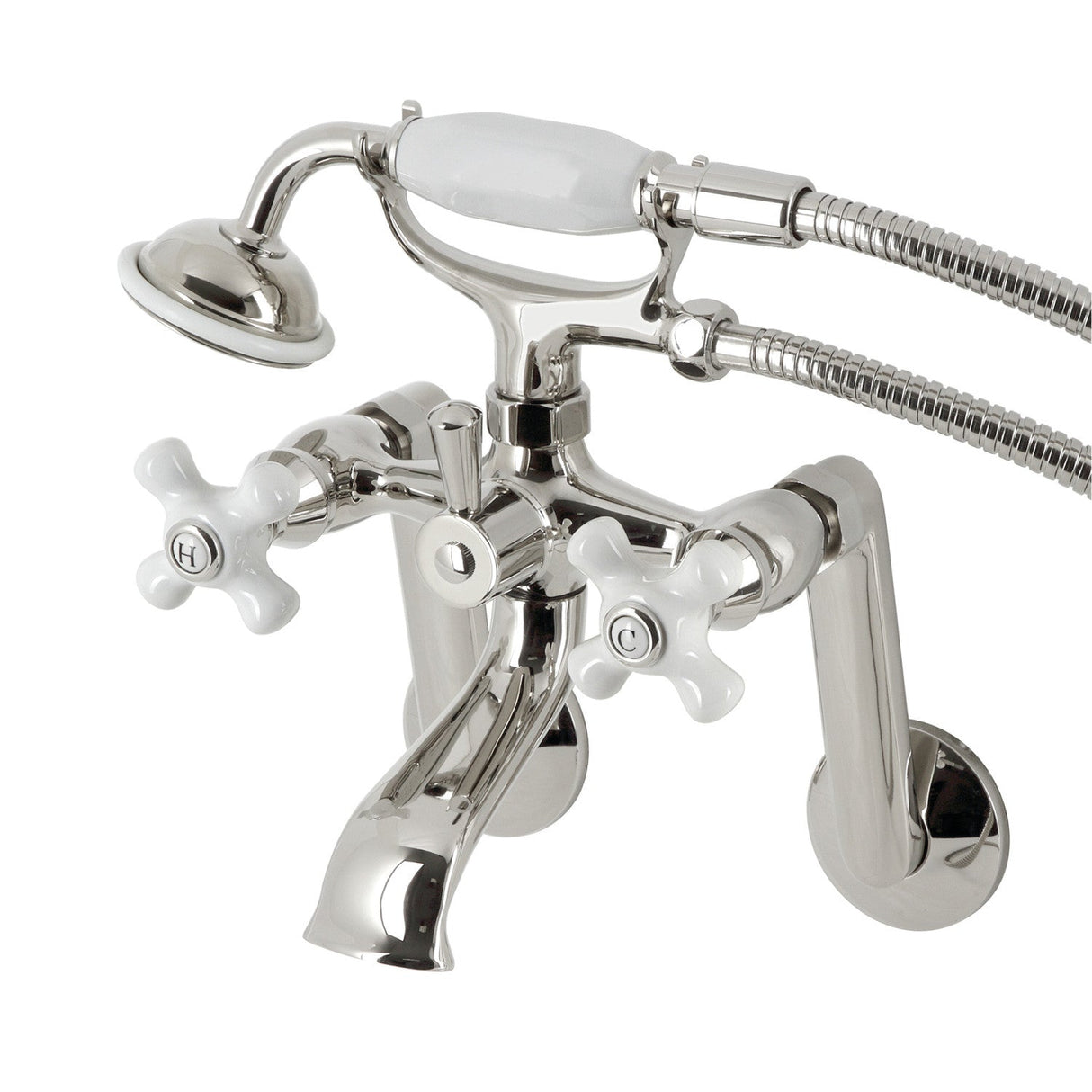 Kingston KS269PXPN Three-Handle 2-Hole Tub Wall Mount Clawfoot Tub Faucet with Hand Shower, Polished Nickel