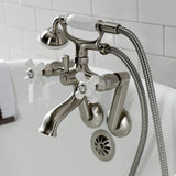 Kingston KS269PXSN Three-Handle 2-Hole Tub Wall Mount Clawfoot Tub Faucet with Hand Shower, Brushed Nickel