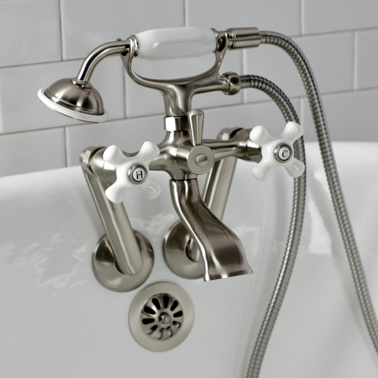 Kingston KS269PXSN Three-Handle 2-Hole Tub Wall Mount Clawfoot Tub Faucet with Hand Shower, Brushed Nickel