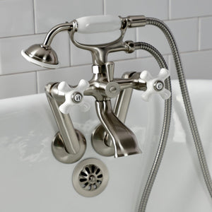 Kingston KS269PXSN Three-Handle 2-Hole Tub Wall Mount Clawfoot Tub Faucet with Hand Shower, Brushed Nickel