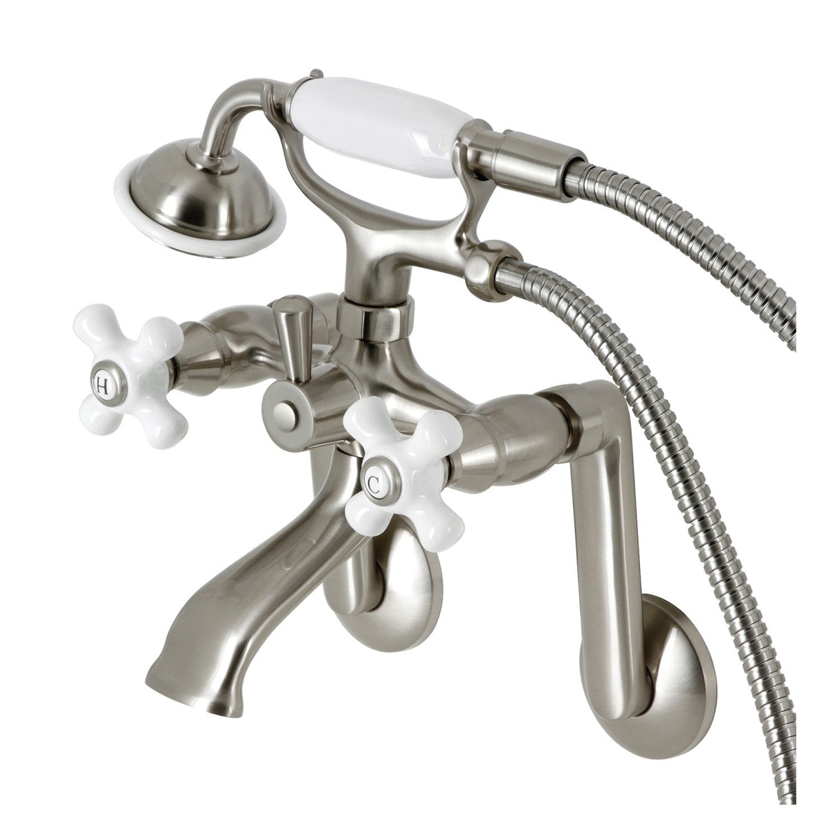 Kingston KS269PXSN Three-Handle 2-Hole Tub Wall Mount Clawfoot Tub Faucet with Hand Shower, Brushed Nickel