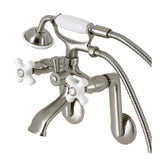 Kingston KS269PXSN Three-Handle 2-Hole Tub Wall Mount Clawfoot Tub Faucet with Hand Shower, Brushed Nickel