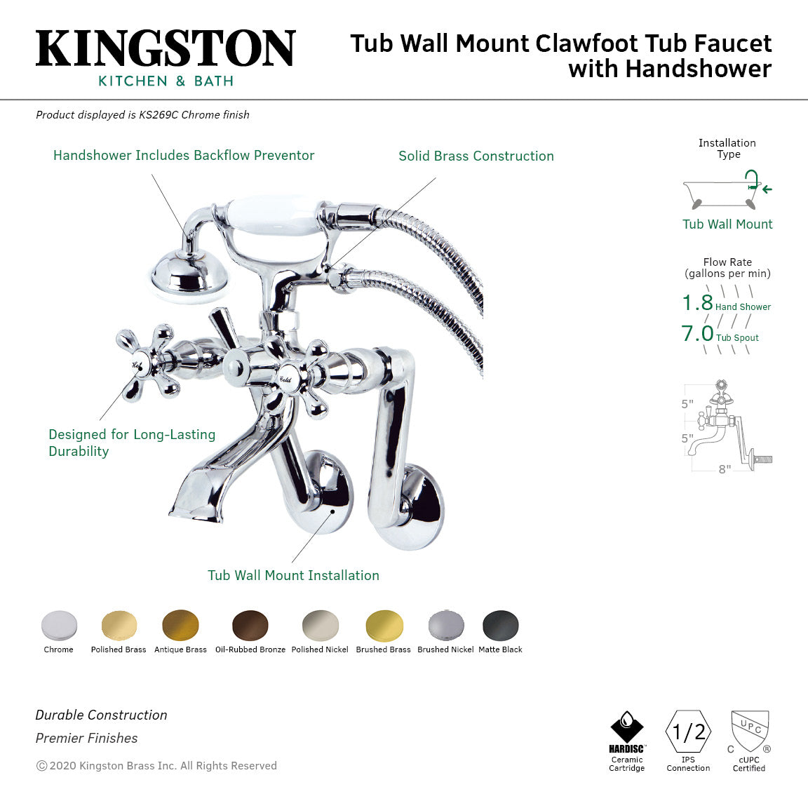 Kingston KS269SB Three-Handle 2-Hole Tub Wall Mount Clawfoot Tub Faucet with Hand Shower, Brushed Brass