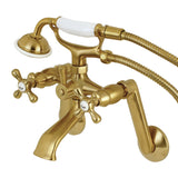 Kingston KS269SB Three-Handle 2-Hole Tub Wall Mount Clawfoot Tub Faucet with Hand Shower, Brushed Brass