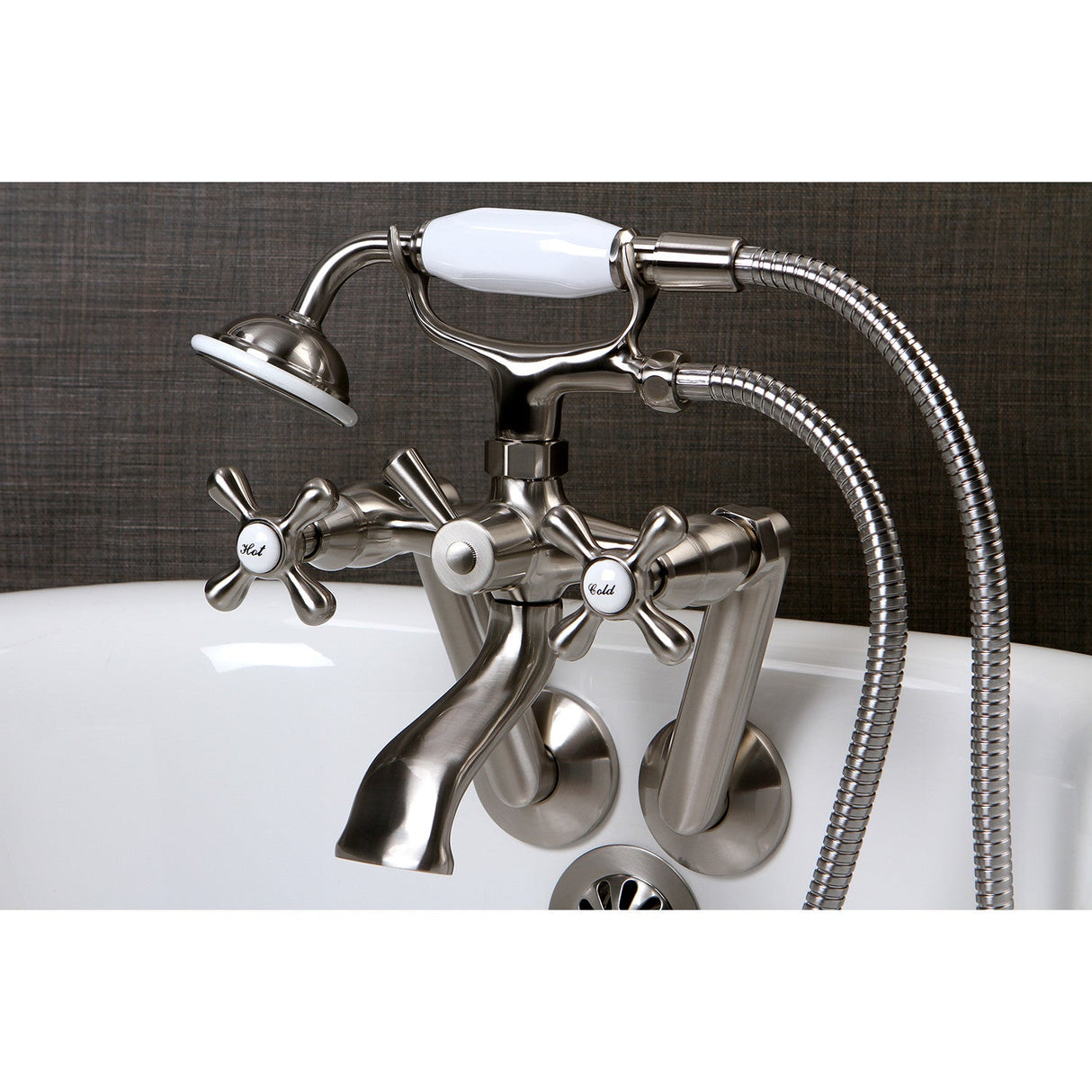 Kingston KS269SN Three-Handle 2-Hole Tub Wall Mount Clawfoot Tub Faucet with Hand Shower, Brushed Nickel