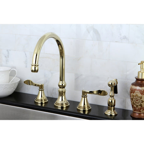 NuFrench KS2792DFLBS Two-Handle 4-Hole Deck Mount Widespread Kitchen Faucet with Brass Sprayer, Polished Brass