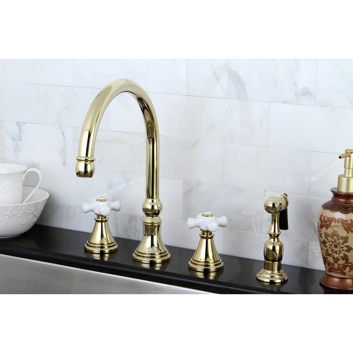 Governor KS2792PXBS Two-Handle 4-Hole Deck Mount Widespread Kitchen Faucet with Brass Sprayer, Polished Brass