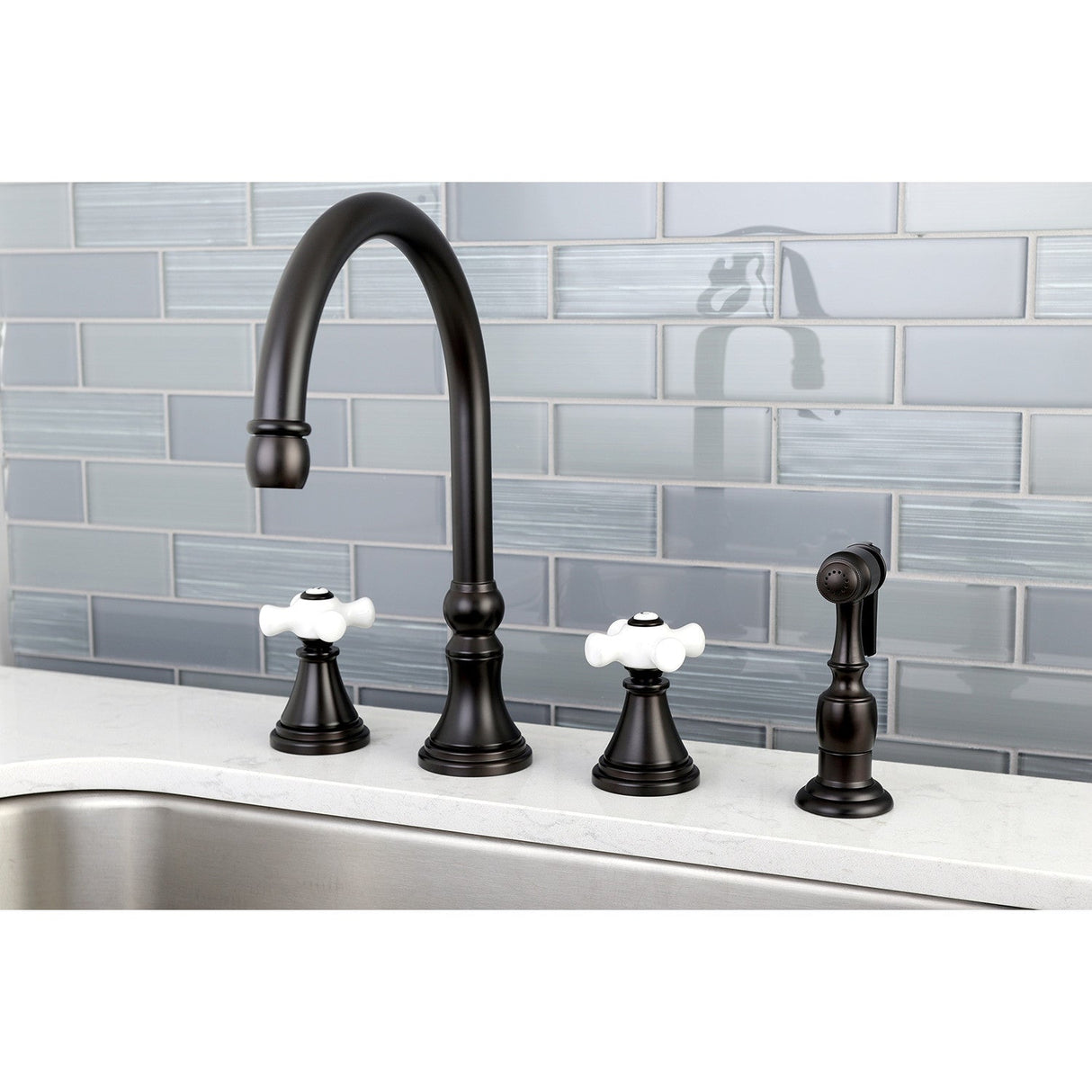 Governor KS2795PXBS Two-Handle 4-Hole Deck Mount Widespread Kitchen Faucet with Brass Sprayer, Oil Rubbed Bronze