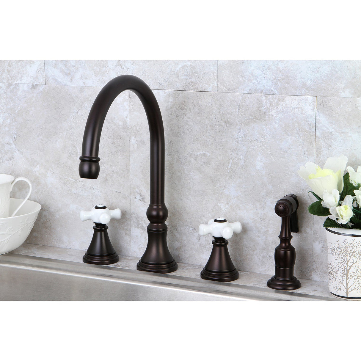 Governor KS2795PXBS Two-Handle 4-Hole Deck Mount Widespread Kitchen Faucet with Brass Sprayer, Oil Rubbed Bronze