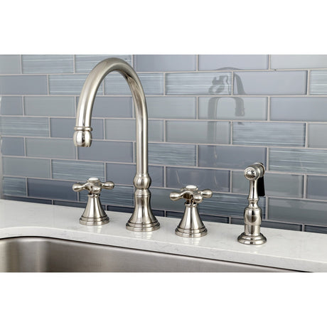 Governor KS2798AXBS Two-Handle 4-Hole Deck Mount Widespread Kitchen Faucet with Brass Sprayer, Brushed Nickel