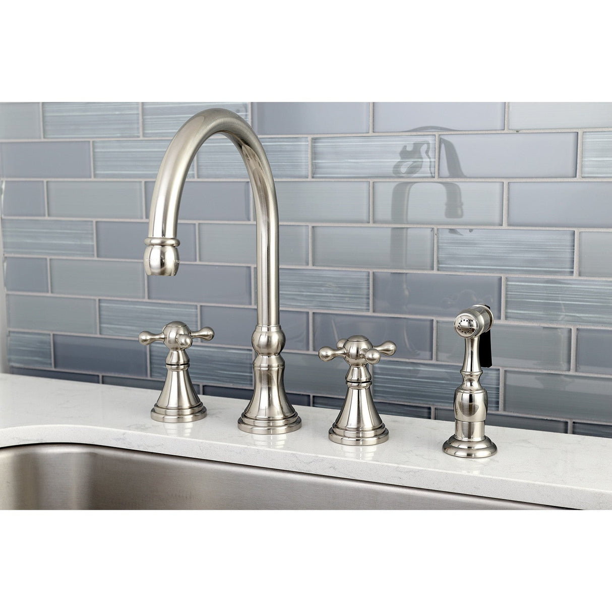 Governor KS2798KXBS Two-Handle 4-Hole Deck Mount Widespread Kitchen Faucet with Brass Sprayer, Brushed Nickel
