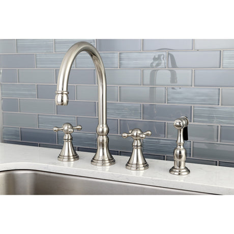 Governor KS2798KXBS Two-Handle 4-Hole Deck Mount Widespread Kitchen Faucet with Brass Sprayer, Brushed Nickel