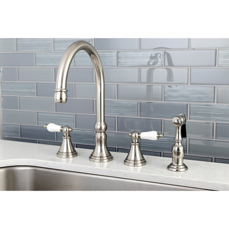 Governor KS2798PLBS Two-Handle 4-Hole Deck Mount Widespread Kitchen Faucet with Brass Sprayer, Brushed Nickel