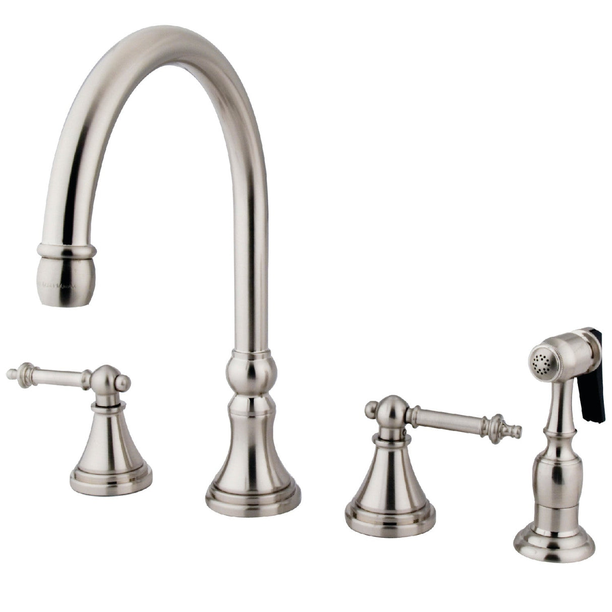 Templeton KS2798TLBS Two-Handle 4-Hole Deck Mount Widespread Kitchen Faucet with Brass Sprayer, Brushed Nickel