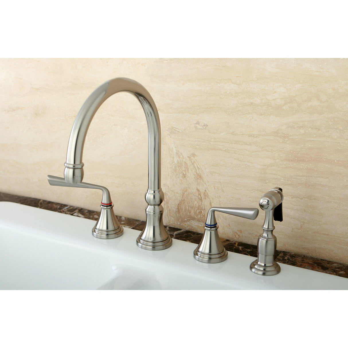 Silver Sage KS2798ZLBS Two-Handle 4-Hole Deck Mount Widespread Kitchen Faucet with Brass Sprayer, Brushed Nickel