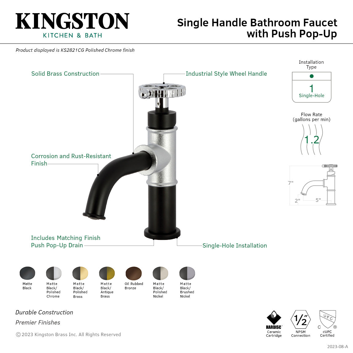 Fuller KS2822CG Single-Handle 1-Hole Deck Mount Bathroom Faucet with Push Pop-Up, Matte Black/Polished Brass
