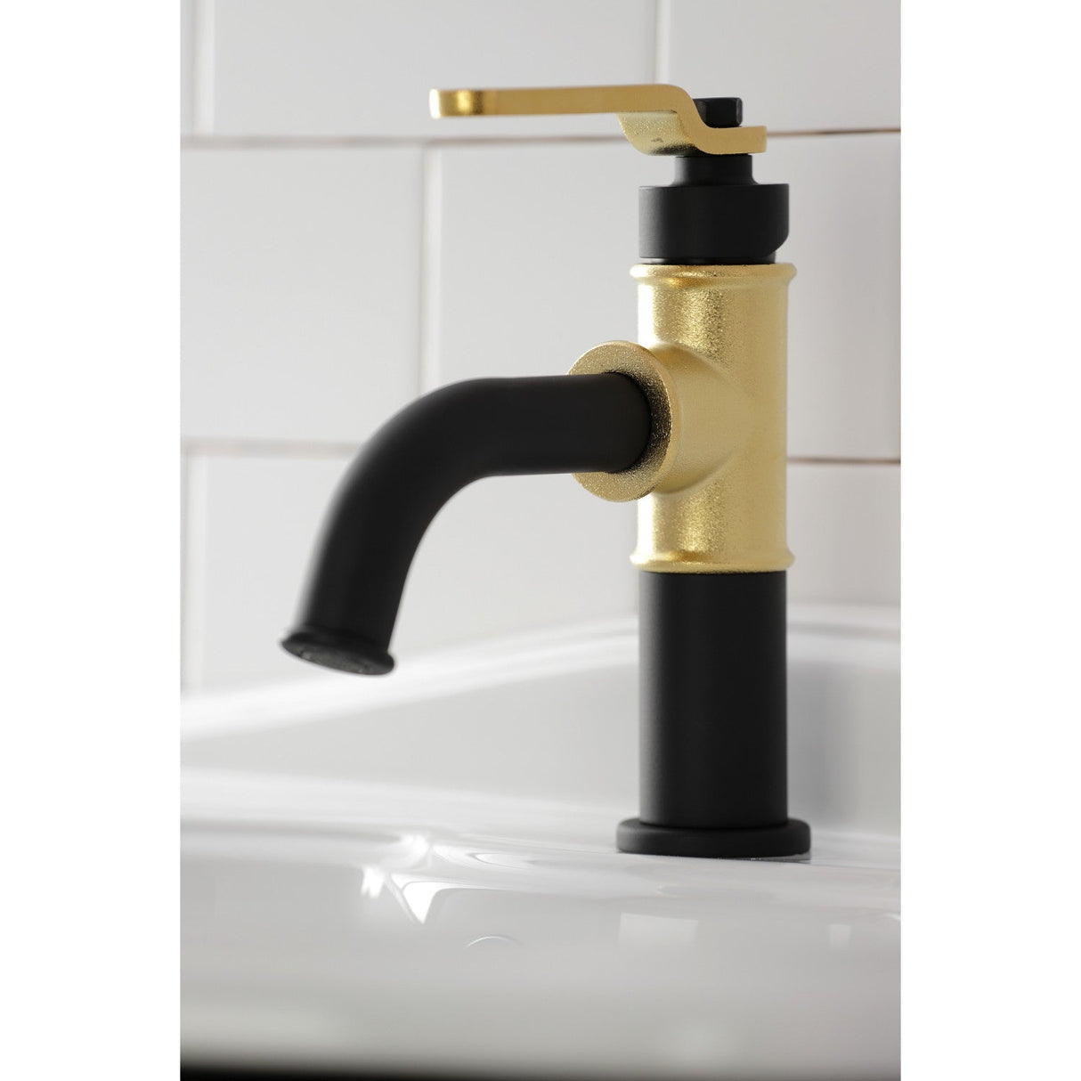 Whitaker KS2822KL Single-Handle 1-Hole Deck Mount Bathroom Faucet with Push Pop-Up, Matte Black/Polished Brass