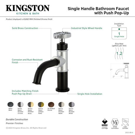 Webb KS2826RKX Single-Handle 1-Hole Deck Mount Bathroom Faucet with Knurled Handle and Push Pop-Up Drain, Matte Black/Polished Nickel