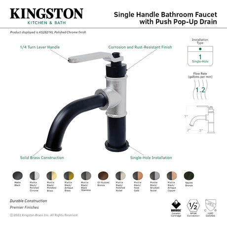 Whitaker KS282KLAC Single-Handle 1-Hole Deck Mount Bathroom Faucet with Push Pop-Up, Matte Black/Antique Copper