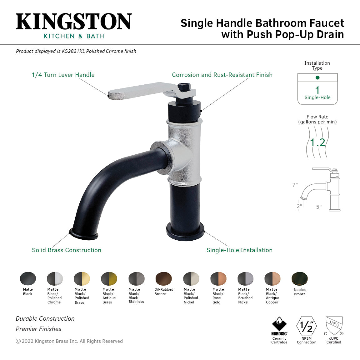Whitaker KS282KLNB Single-Handle 1-Hole Deck Mount Bathroom Faucet with Push Pop-Up, Naples Bronze