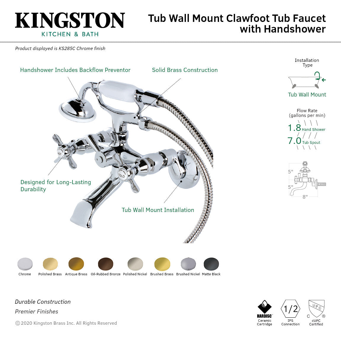 Essex KS285C Three-Handle 2-Hole Tub Wall Mount Clawfoot Tub Faucet with Hand Shower, Polished Chrome
